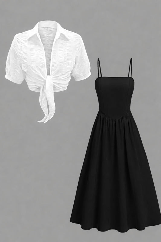Elegant Solid Long-Sleeve Shirt & Waistline Maxi Skirt Set – Sophisticated Women’s Two-Piece Outfit
