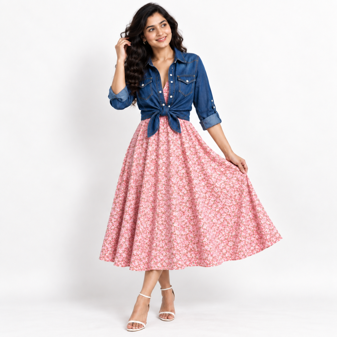Women’s Printed Dress with Denim Shirt Set