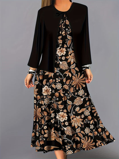 Elegant Layered Two-Piece Midi Dress Set with Tie-Front Cardigan – Flowy Printed Everyday & Occasion Wear