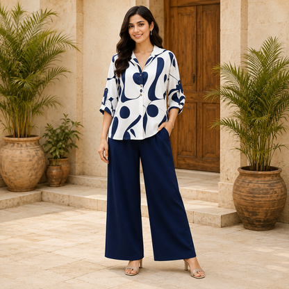 Elegant Abstract Print Shirt & Wide-Leg Pants Set