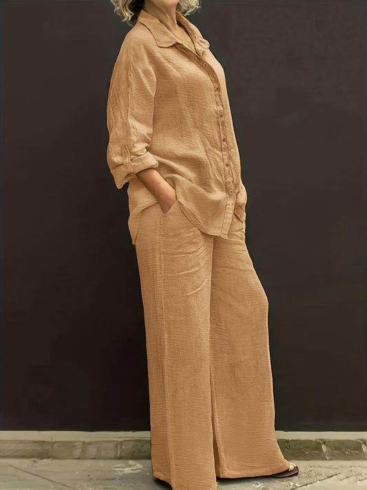 Plus Size Women’s Autumn & Winter Casual Co-Ord Set – Lapel Button Shirt with Comfortable Wide-Leg Pants