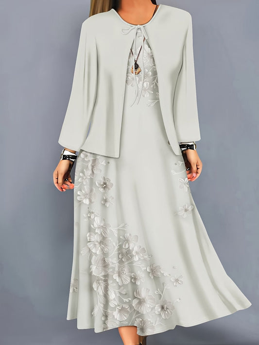 Elegant Layered Two-Piece Midi Dress Set with Tie-Front Cardigan – Flowy Printed Everyday & Occasion Wear