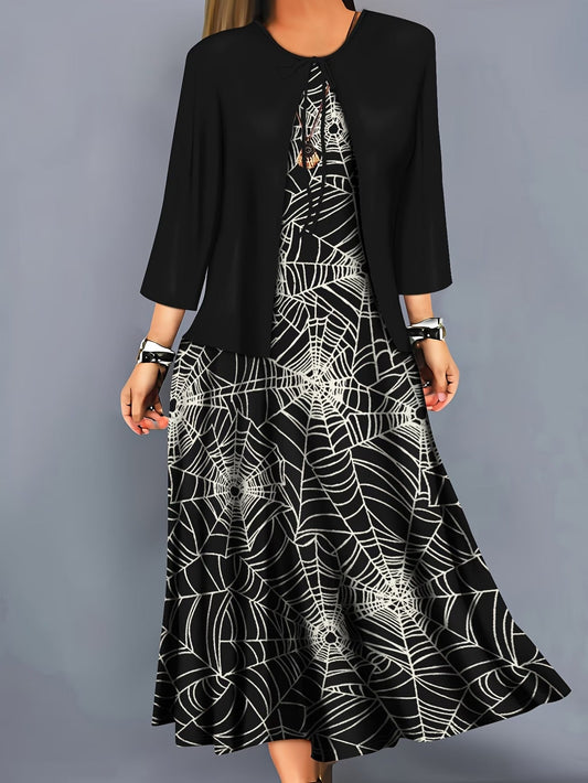 Elegant Layered Two-Piece Midi Dress Set with Tie-Front Cardigan – Flowy Printed Everyday & Occasion Wear