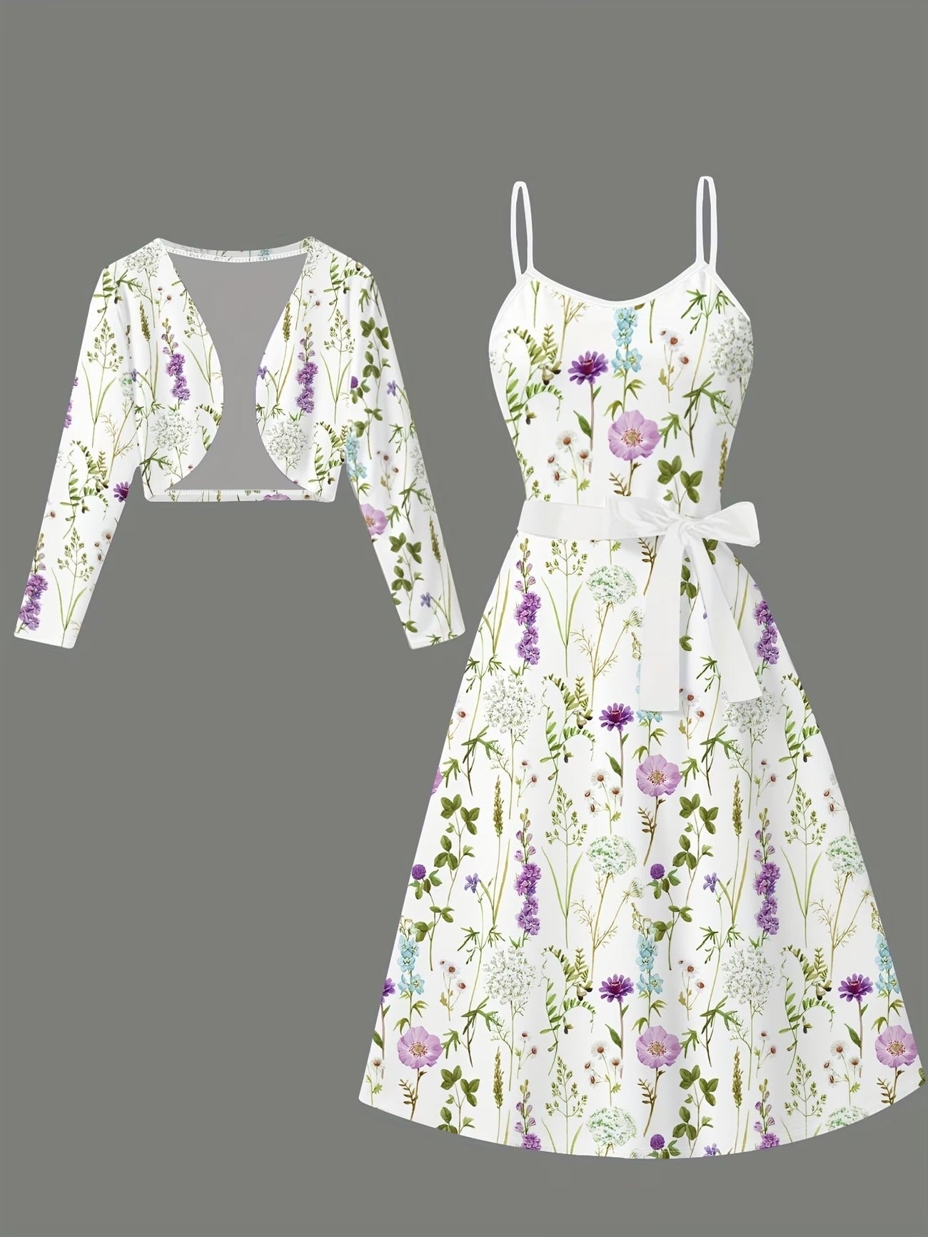 Elegant Floral Slip Dress with Belted Cropped Jacket – Chic Two-Piece Women’s Outfit