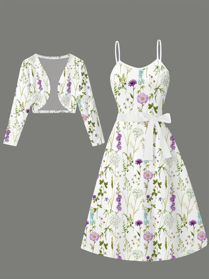 Elegant Floral Slip Dress with Belted Cropped Jacket – Chic Two-Piece Women’s Outfit