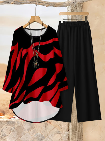 Loose Fit Irregular Print High-Low Hem Top with Solid Pants – Women’s Casual Two-Piece Outfit