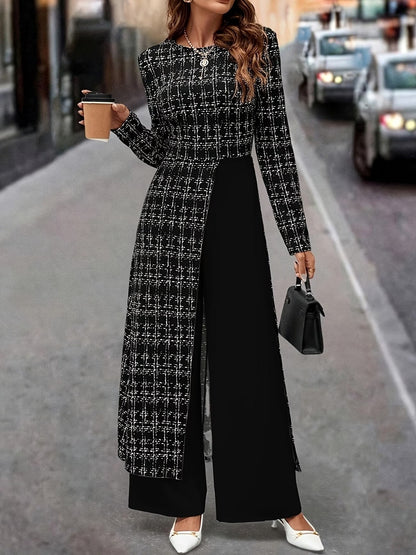 Chic Plaid Commuter Jumpsuit – Asymmetrical Design with Relaxed Straight-Leg Fit