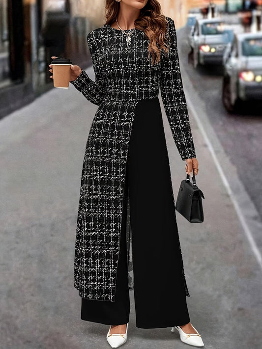 Chic Plaid Commuter Jumpsuit – Asymmetrical Design with Relaxed Straight-Leg Fit