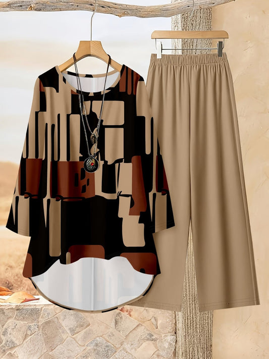 Loose Fit Irregular Print High-Low Hem Top with Solid Pants – Women’s Casual Two-Piece Outfit