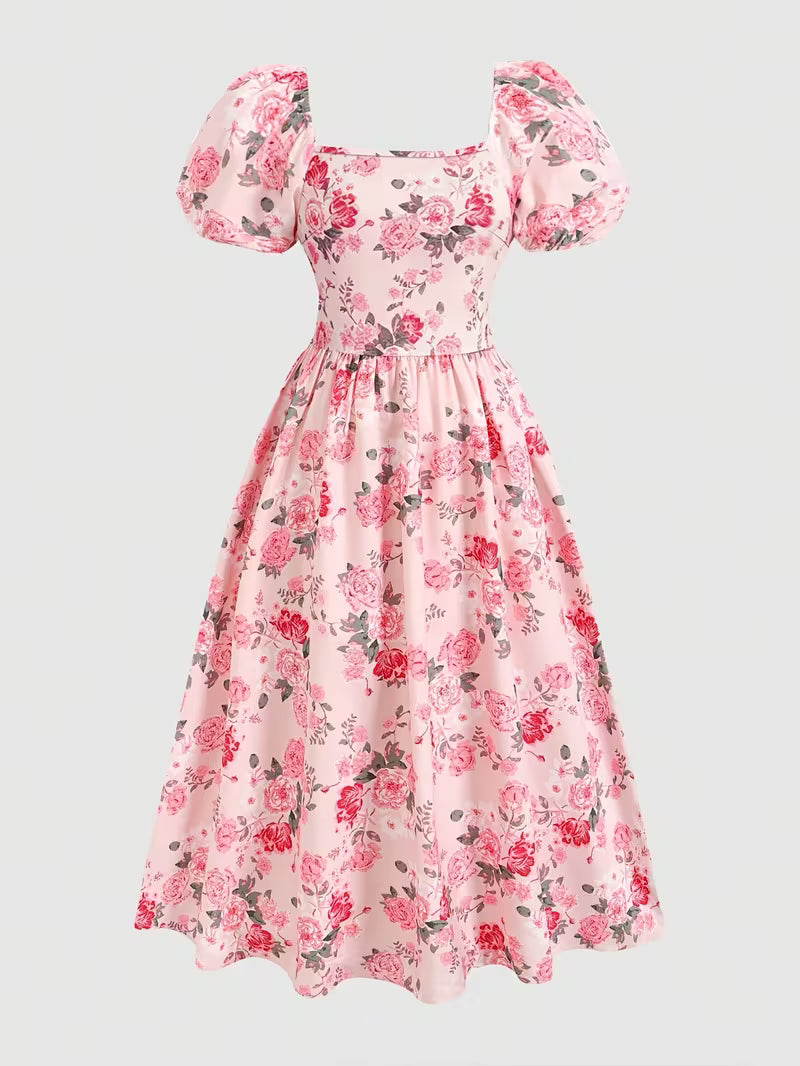 Women's Vintage Floral Puff Sleeve Midi Dress