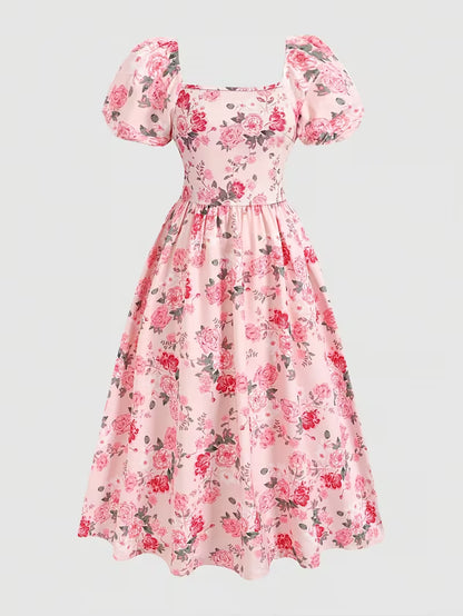 Women's Vintage Floral Puff Sleeve Midi Dress