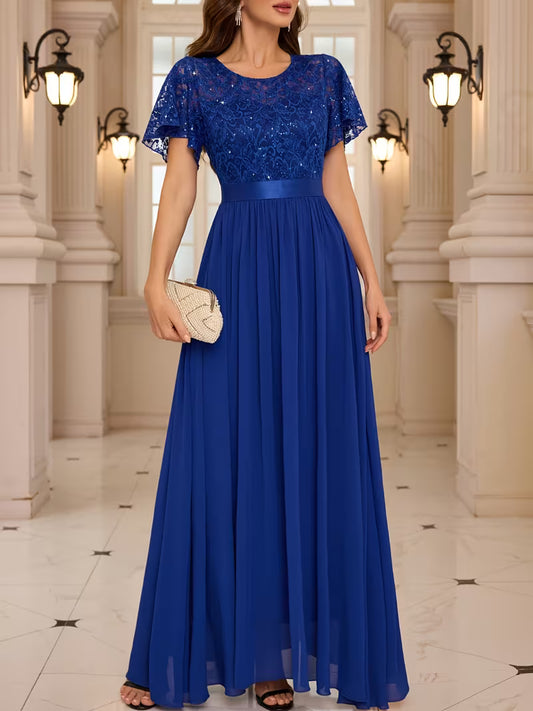 Women's Lace Round Neck Maxi Dress | Formal Party Wear