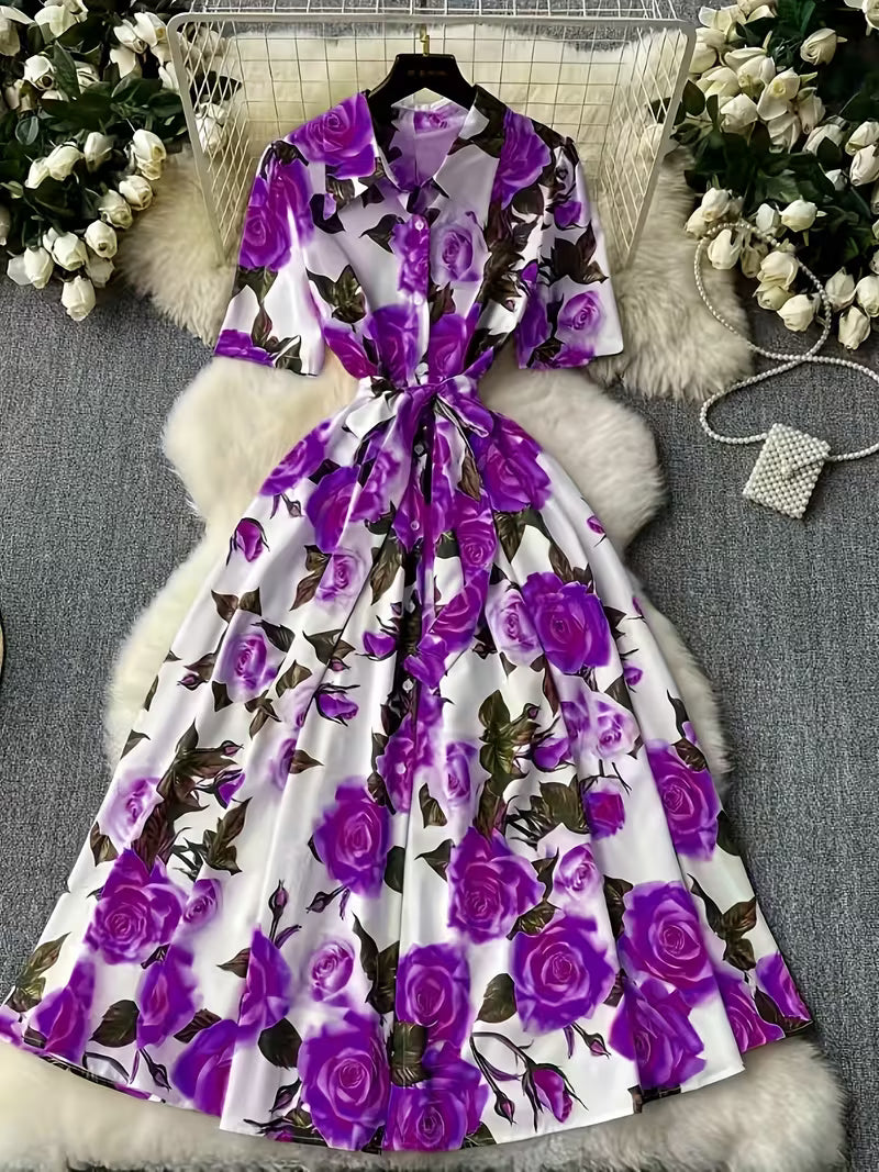 Women's Premium Floral Belted Midi Dress