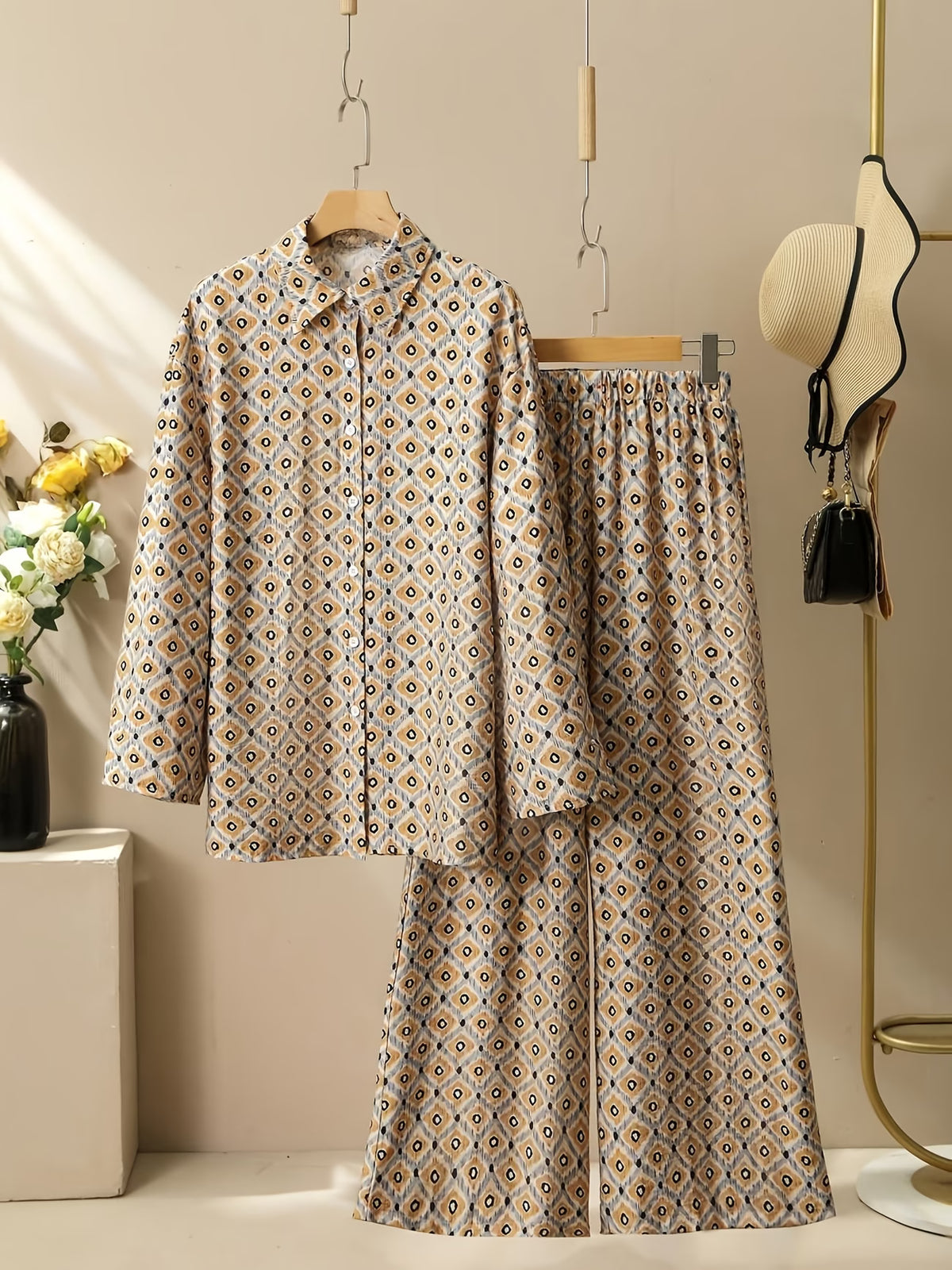 Women’s Solid Button-Down Shirt & Pant Set