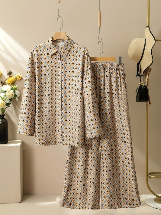 Women’s Solid Button-Down Shirt & Pant Set