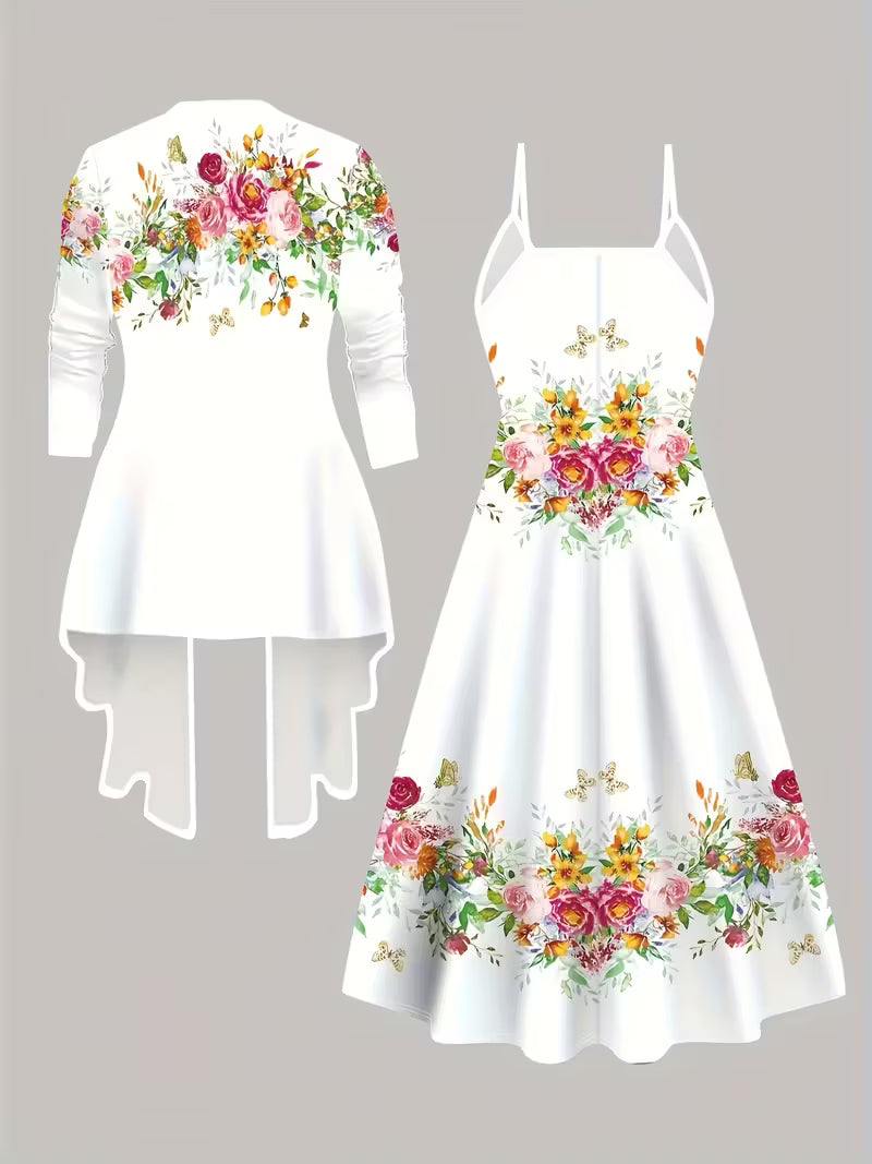 Women's 3D Geometric Print Coat & Dress Set | Elegant Black & White Gradient Outfit