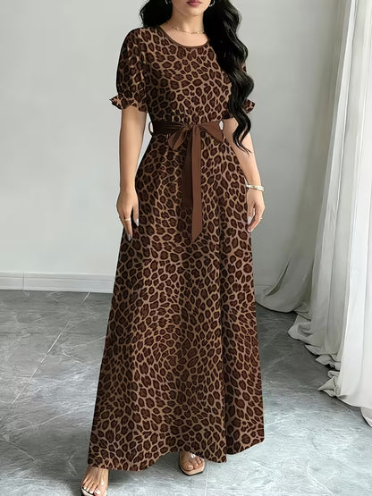 Women's Printed Belted Maxi Dress | Elegant Puff Sleeve Summer Dress