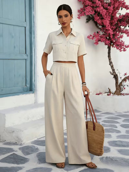 Women's Solid Lapel 2-Piece Co-Ord Set | Elegant Shirt & Wide-Leg Pants Outfit