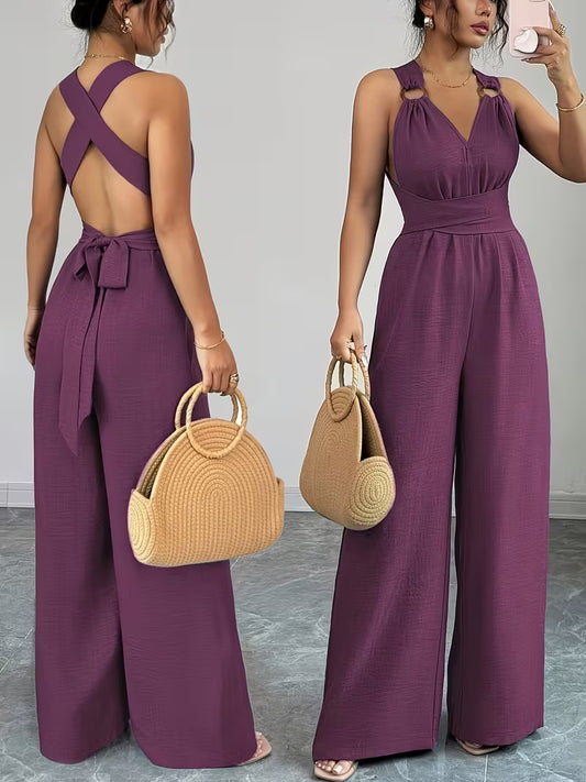 Elegant Cross-Back Wide Leg Jumpsuit for Women – Sleeveless Backless Casual Party Romper