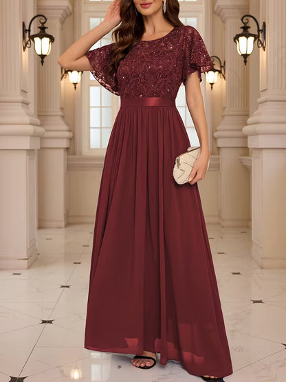 Women's Lace Round Neck Maxi Dress | Formal Party Wear
