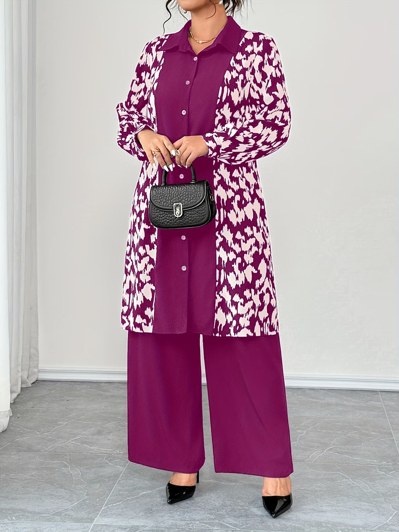 Women's Elegant Patchwork Cardigan, Mid-Length Shirt & Straight-Leg Trousers Set