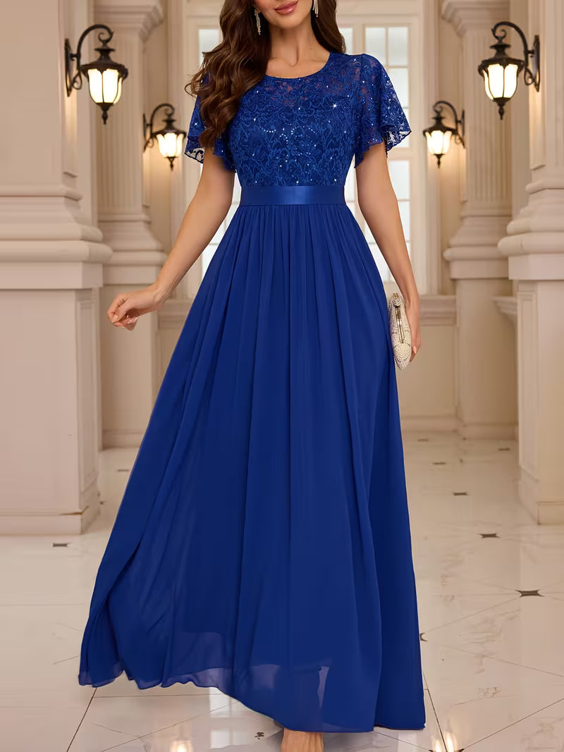 Women's Lace Round Neck Maxi Dress | Formal Party Wear
