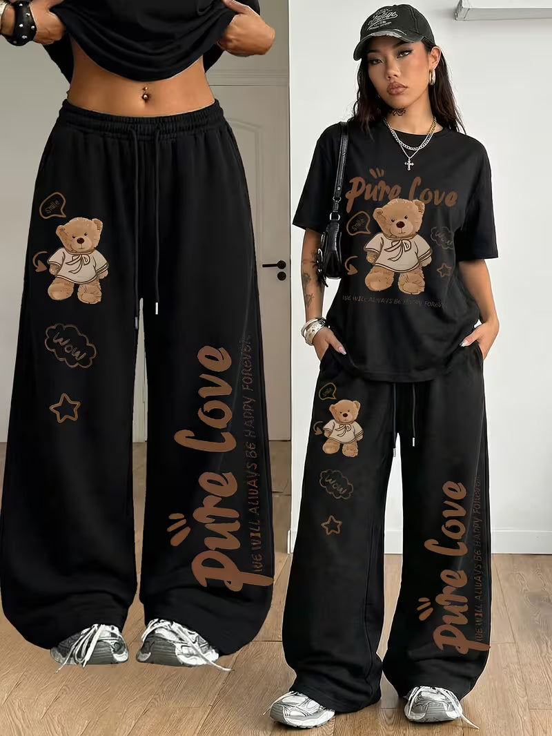Women's Summer Bear Print Lounge Set – Soft Oversized T-Shirt with Drawstring Pants