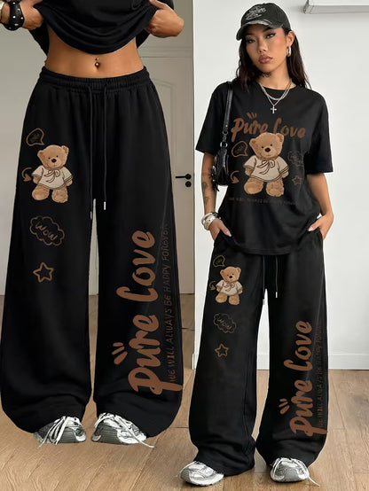 Women's Summer Bear Print Lounge Set – Soft Oversized T-Shirt with Drawstring Pants