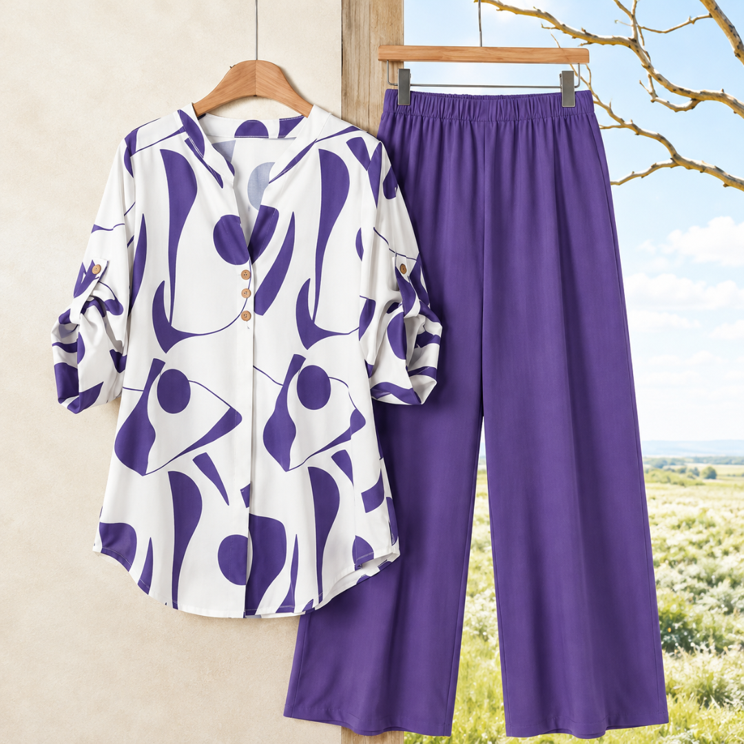 Elegant Abstract Print Shirt & Wide-Leg Pants Set