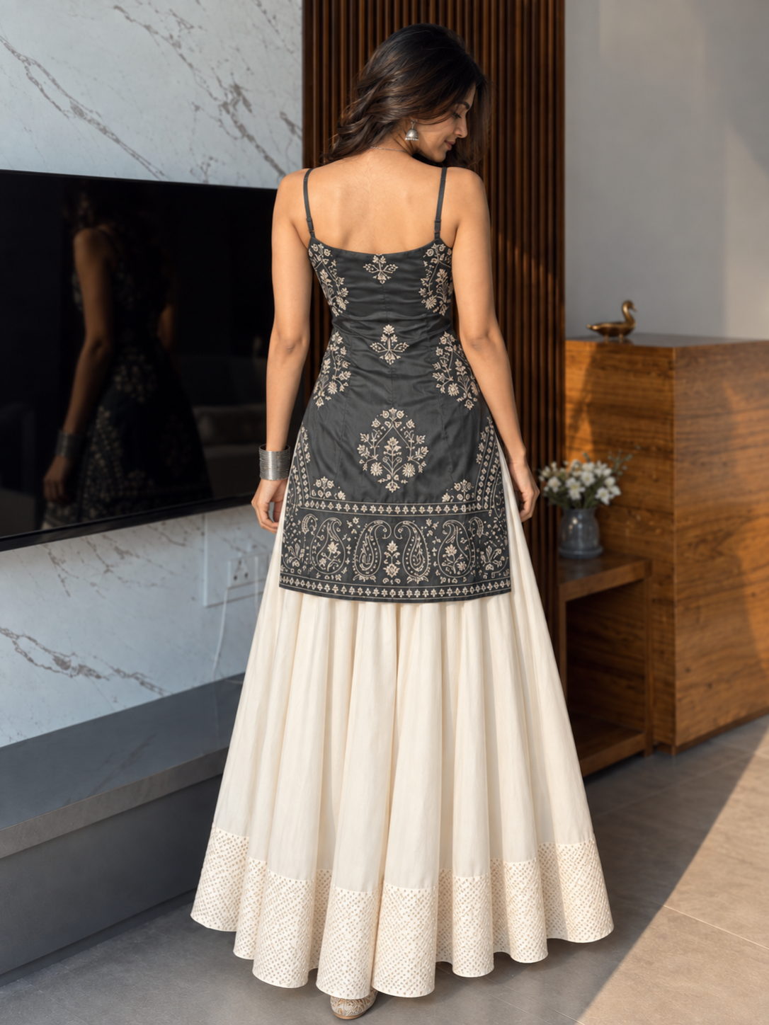 Women’s Embroidered Kurti & Flared Skirt Set