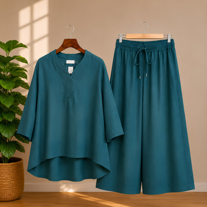 Elegant Black Kaftan Top & Wide-Leg Pants Set