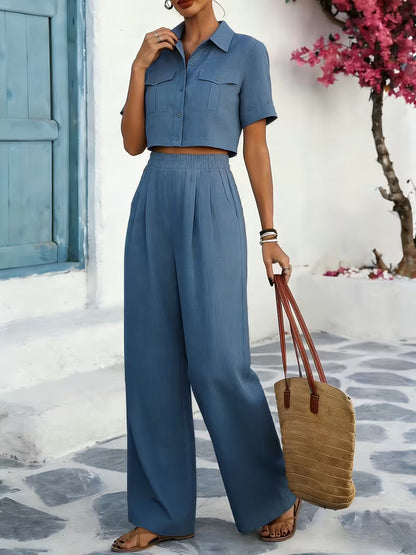 Women's Solid Lapel 2-Piece Co-Ord Set | Elegant Shirt & Wide-Leg Pants Outfit