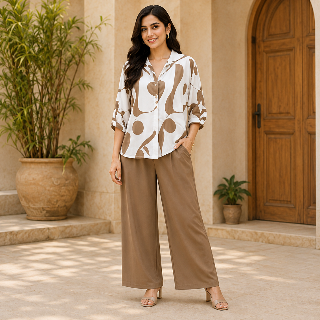 Elegant Abstract Print Shirt & Wide-Leg Pants Set