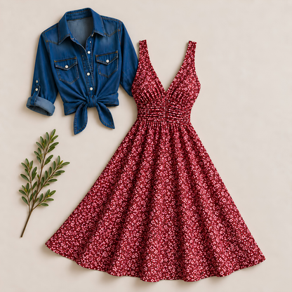Women’s Printed Dress with Denim Shirt Set