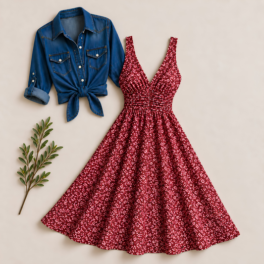 Women’s Printed Dress with Denim Shirt Set