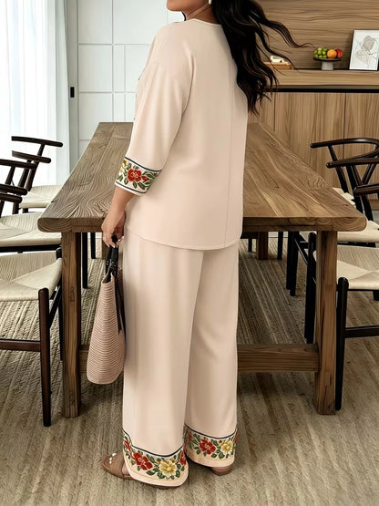 Women's Vintage Floral V-Neck Co-Ord Set with Relaxed Wide-Leg Pants
