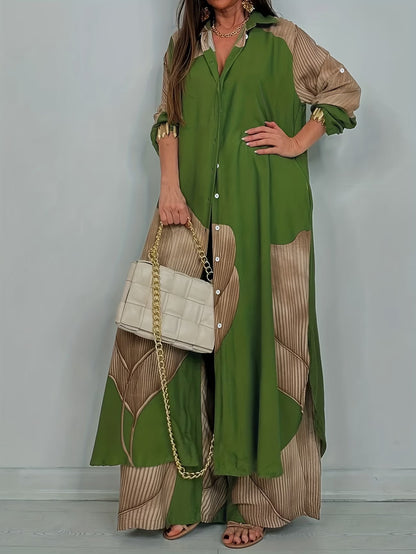 Women's Printed Long Shirt & Relaxed Pants Two-Piece Set