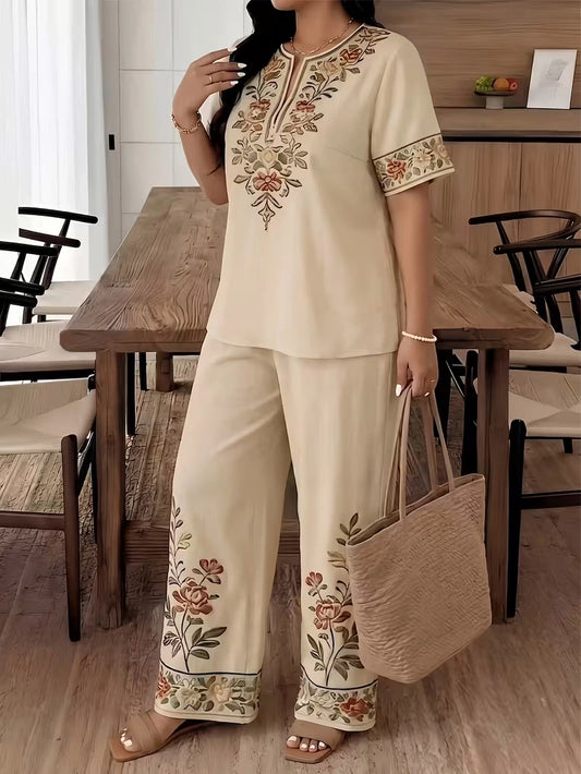 Women's Vintage Floral V-Neck Co-Ord Set with Relaxed Wide-Leg Pants