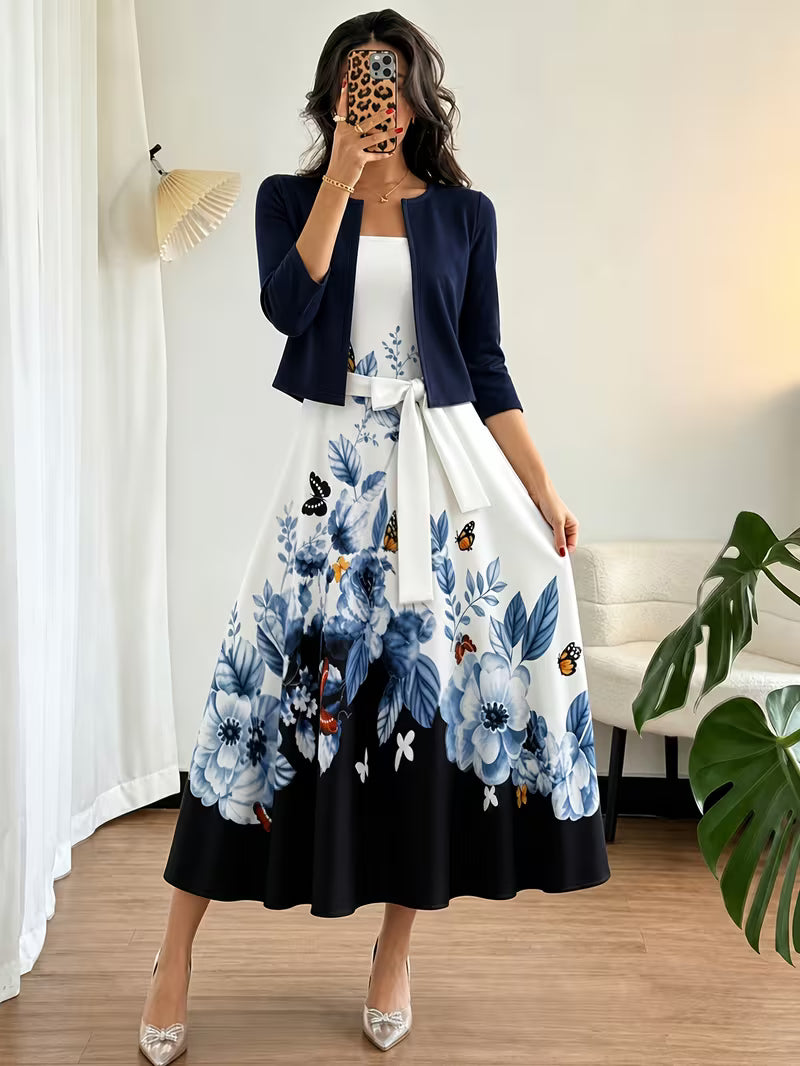 Elegant Women's Vintage Artistic Floral Print Dress Set