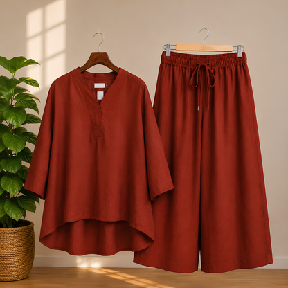 Elegant Black Kaftan Top & Wide-Leg Pants Set