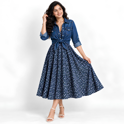 Women’s Printed Dress with Denim Shirt Set