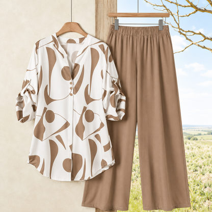 Elegant Abstract Print Shirt & Wide-Leg Pants Set
