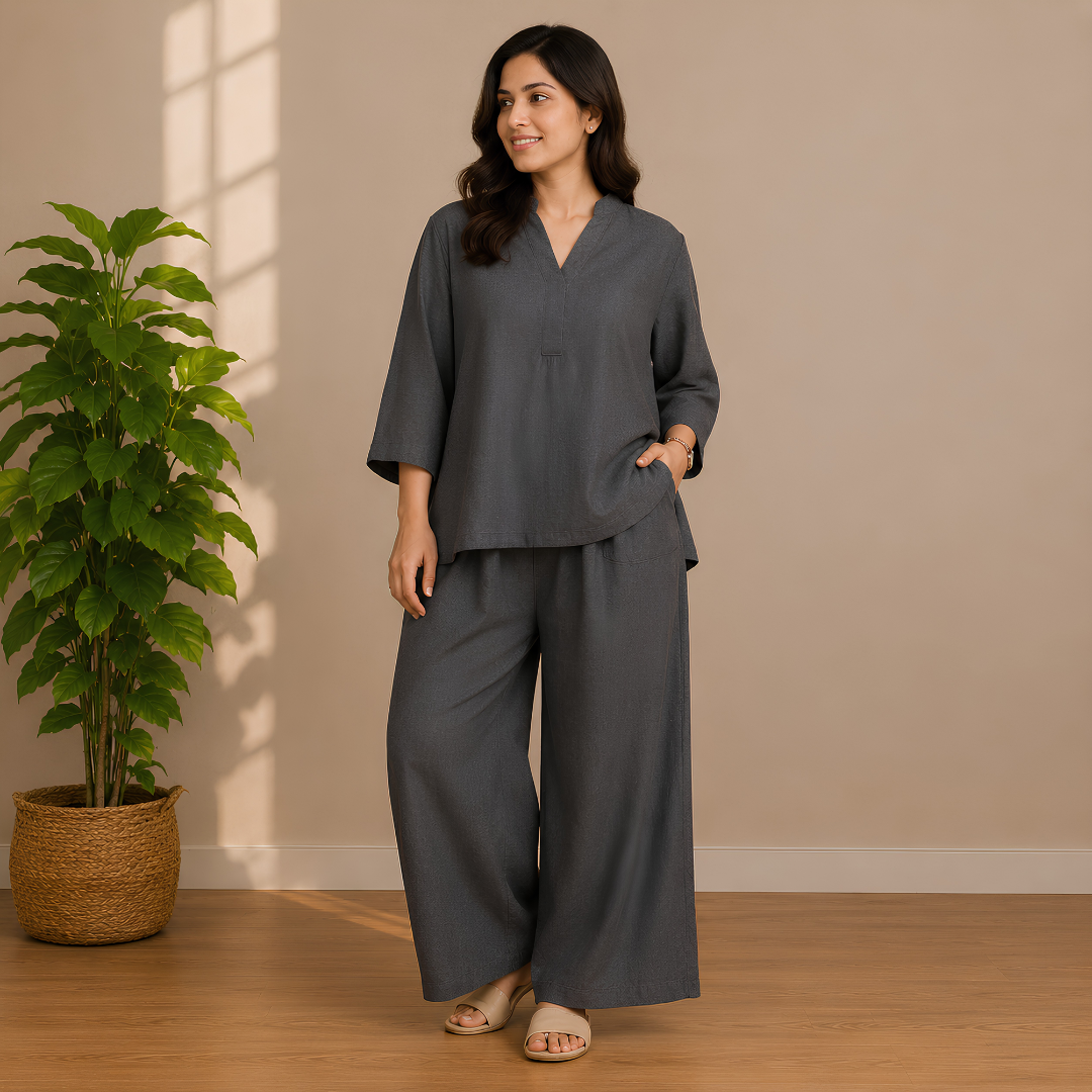 Elegant Black Kaftan Top & Wide-Leg Pants Set