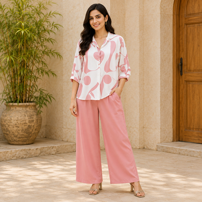 Elegant Abstract Print Shirt & Wide-Leg Pants Set