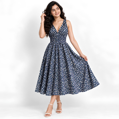 Women’s Printed Dress with Denim Shirt Set