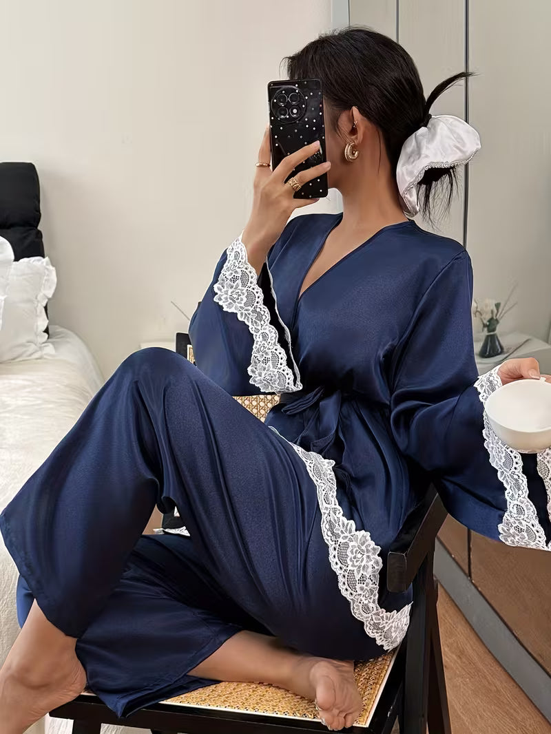 Elegant Lace Trim Robe & Pajama Set