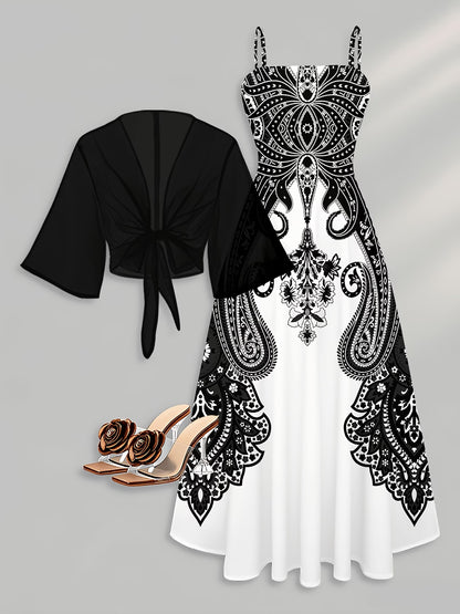 Elegant Women's Vintage Artistic Floral Print Dress Set