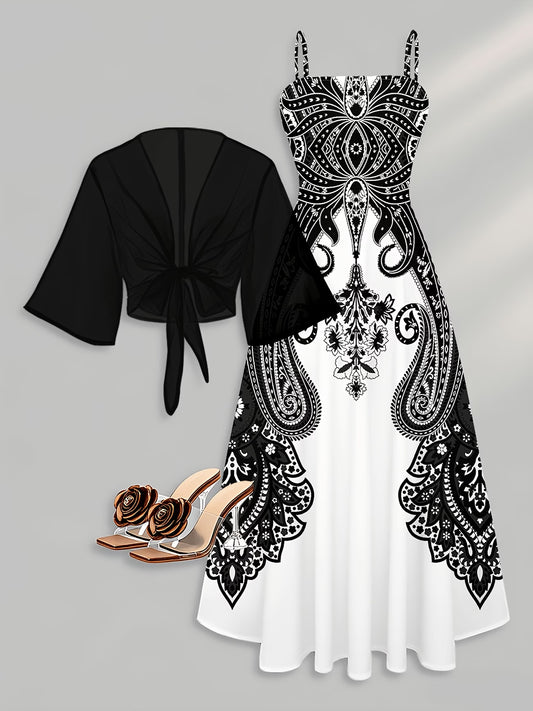 Elegant Women's Vintage Artistic Floral Print Dress Set