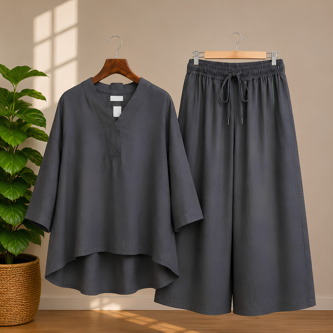 Elegant Black Kaftan Top & Wide-Leg Pants Set