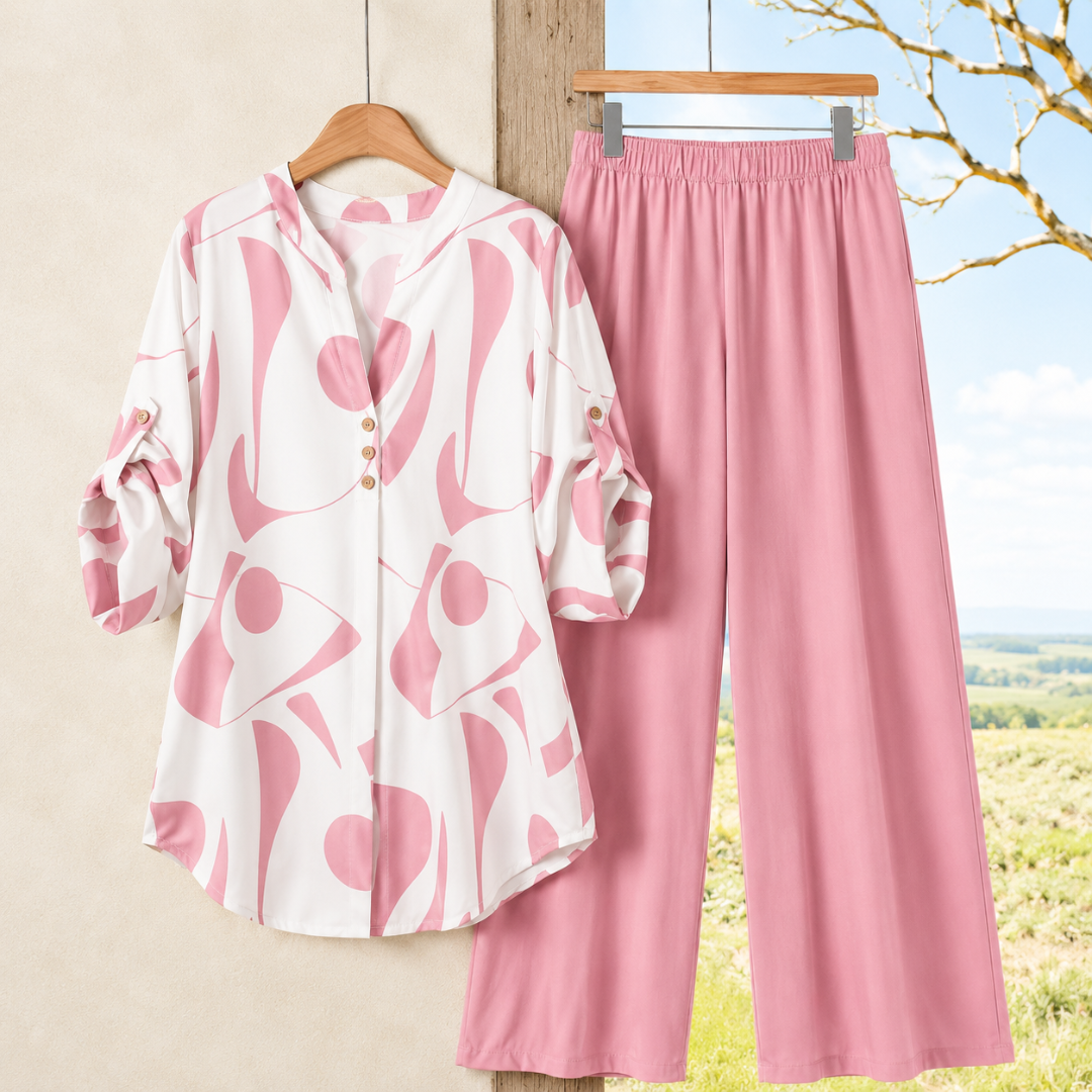 Elegant Abstract Print Shirt & Wide-Leg Pants Set